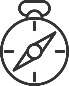 Die Grafik zeigt einen Taschenkompass, mit Kompassnadel, vier Himmelsrichtungen und einer Kettenöse. Die Farbe ist schwarz.